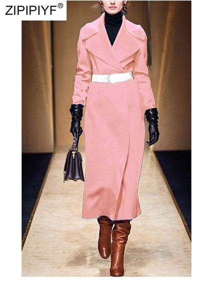 

summer runway fashion notched neck long sleeve belt design pockets solid color high waist back slit woolen coats z228 women's wool & bl, Black