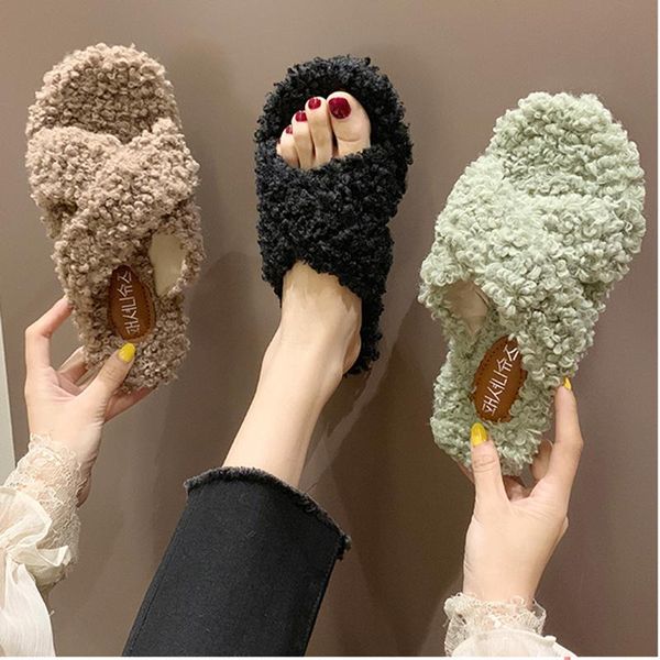 

size 35-41 cross band lambswool fur slippers women sandals winter plush ladies shoes woolen slides cozy furry flat pantuflas, Black