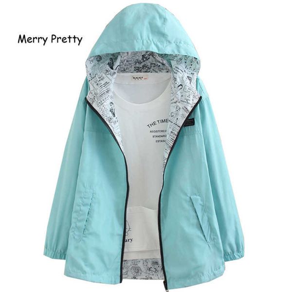 

merry pretty autumn women jacket coat pocket zipper hooded two side wear cartoon print outwear girls green loose jackets 210526, Black;brown
