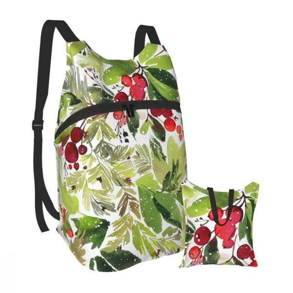 

backpack waterproof folding travel trekking bag watercolor berries and spruce outdoor sport foldable storage bags