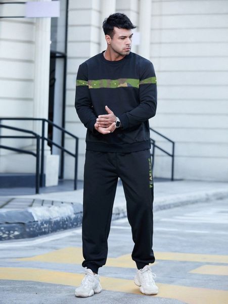 

extended sizes men camo panel sweatshirt & sweatpants g2r7#, Gray