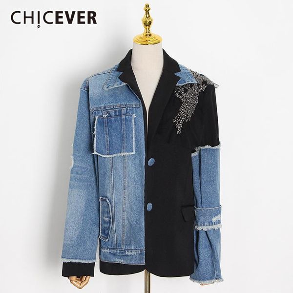 

casual jackets for women lapel long sleeve patchwork diamond irregular denim coats female 2021 autumn fashion clothing women's, Black;brown