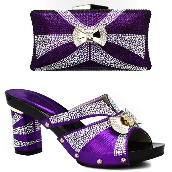 

latest purple color matching italian shoe and bag set decorated with rhinestone african shoes bags in women dress, Black