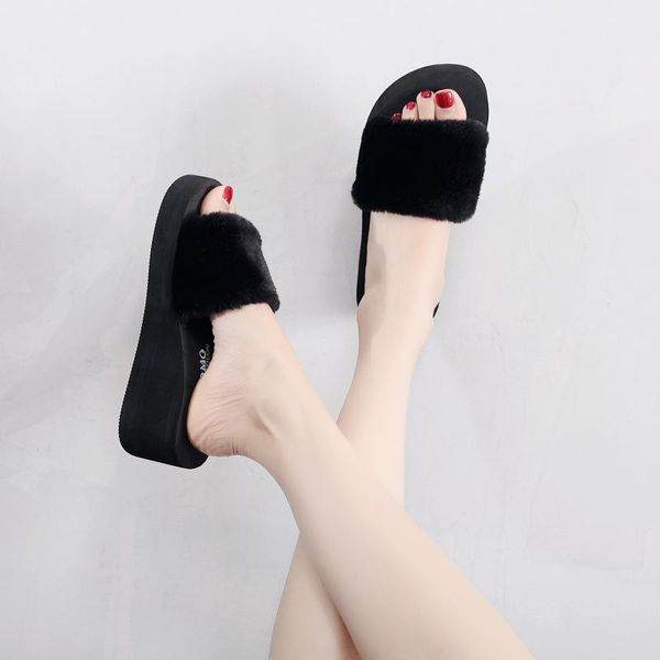 

fashion indoor plush non-slip household slipper women shoes open toe warm winter leisure for woman femme pantoufle slippers, Black
