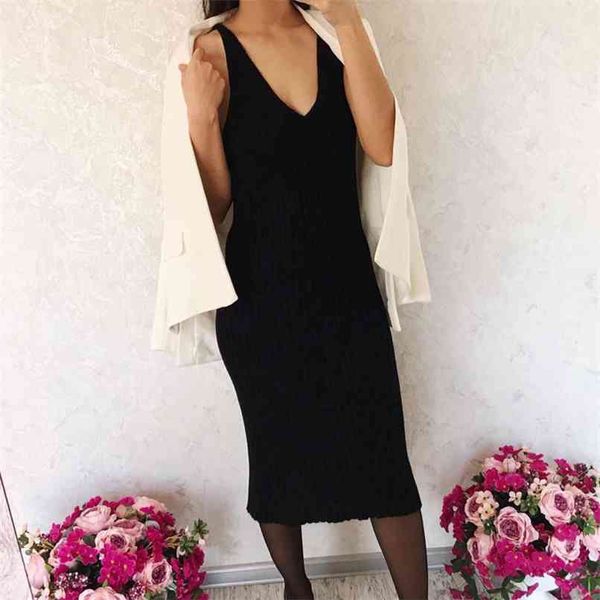 

spring summer dress women solid color knitted casual sweater long slim v-neck harness slim 210430, Black;gray