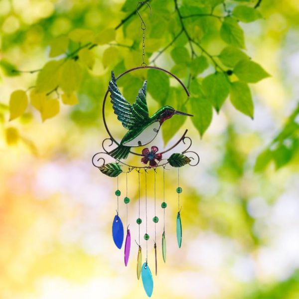 

hummingbird wind chimes bell charm pendant lovely with 7 colors glass creative metal craft decoration for yard decorative objects & figurine