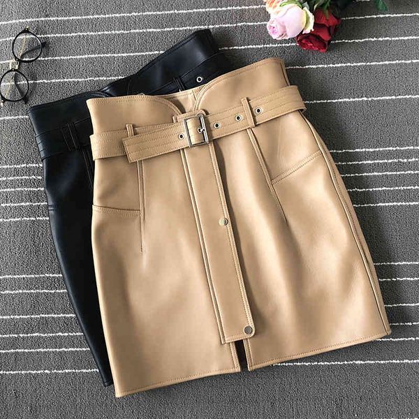 

skirts 2021 spring fall royal leather of women fashion high-rise sheep a-line skirt b953, Black