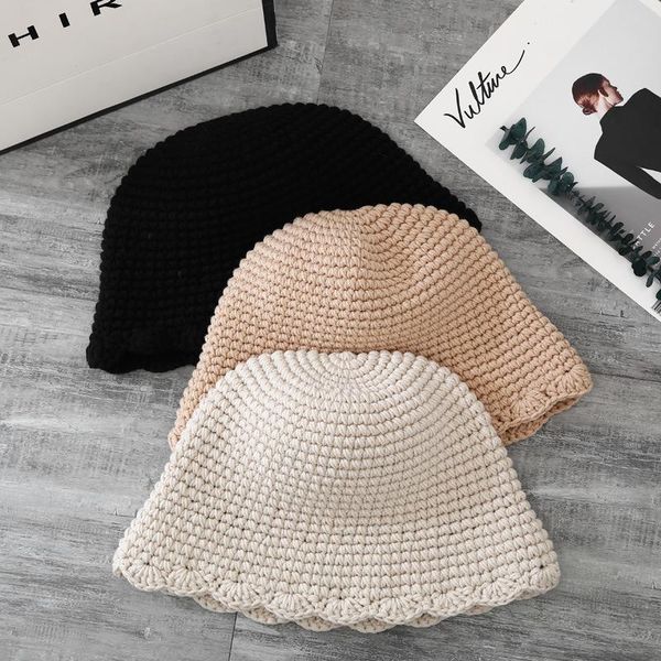 

beanie/skull caps korea solid color casual knitted hat women autumn lace edge bucket fashion vintage elegant fisherman, Blue;gray