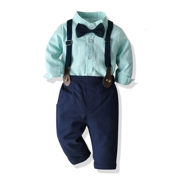 

children's clothing autumn and winter personalized stand collar long sleeve shirt bow strap trousers suit, Blue