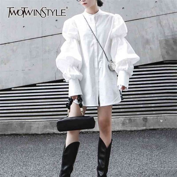 

twotwinstyle vintage loose women's blouses o neck puff long sleeve ruched autumn shirts for female fashion clothing tide 210323, White