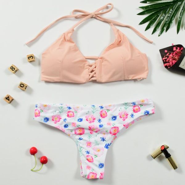 

one-piece suits women bikini set push-up bandage bra swimsuit swimwear beachwear bathing suit pink floral print lace up