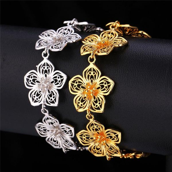 

charm bracelets kpop vintage for women gold/silver color double flower wholesale bohemia bangles jewelry h227, Golden;silver