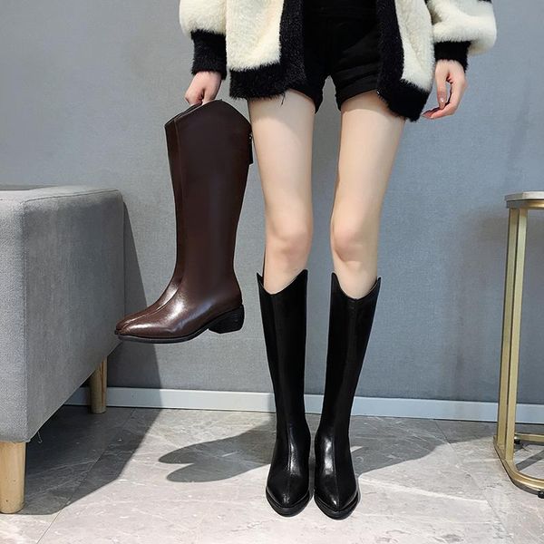 

boots miyeda warm knight knee-high zip women long chunky heels high knee thigh female white black shoes pointed toe winter