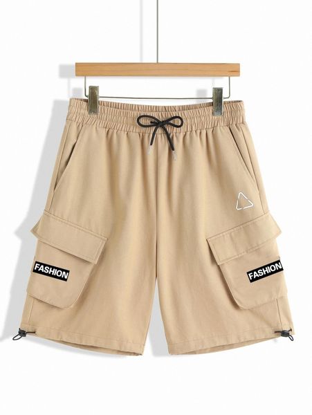 

men letter graphic flap pocket side drawstring waist shorts 71vd#, Black