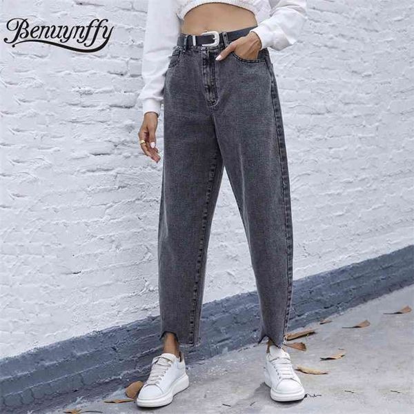

dark grey raw hem belted baggy jeans woman zipper fly casual mom autumn winter women high waist denim pants 210510, Blue