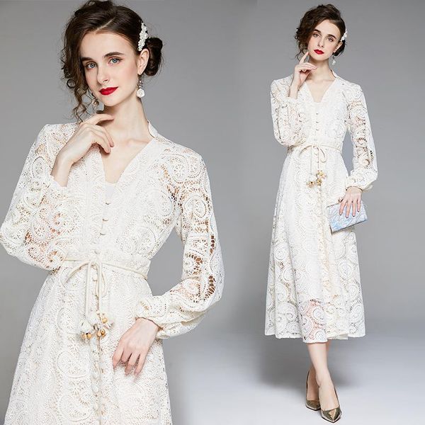 

casual dresses summer women's court heavy industry crochet hollow water soluble lace elegant slim-fit long-sleeve dress with belt, Black;gray