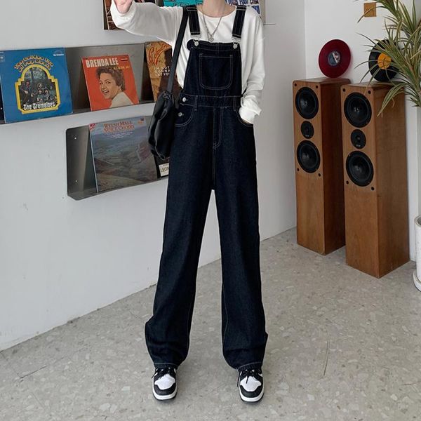 

women's jeans french retro strap large wide leg winter aging straight tube hanging feeling pants loose high waist fashion, Blue