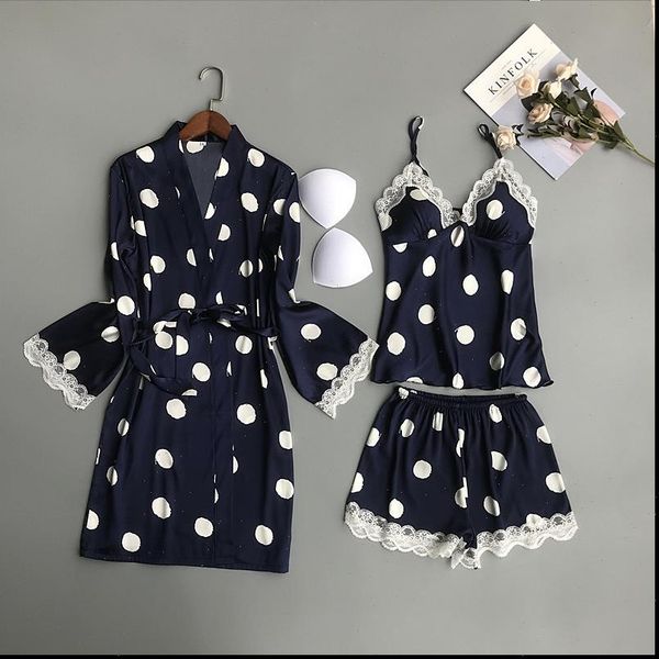 

julys song 3 pcs pajamas womens sleepwears set polka dot lace robe nightwear strap sling shorts spring summer sleepwear, Black;red