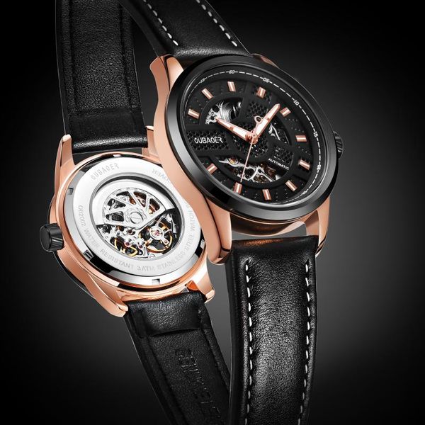 

wristwatches oubaoer fashion mens mechanical watches skeleton watch men sport leather automatic wristwatch relogio masculin, Slivery;brown