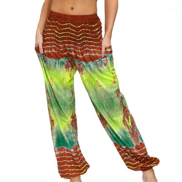 

women smocked waist hippie yoga pants boho tie-dye palazzo loose harem trousers1, White;red