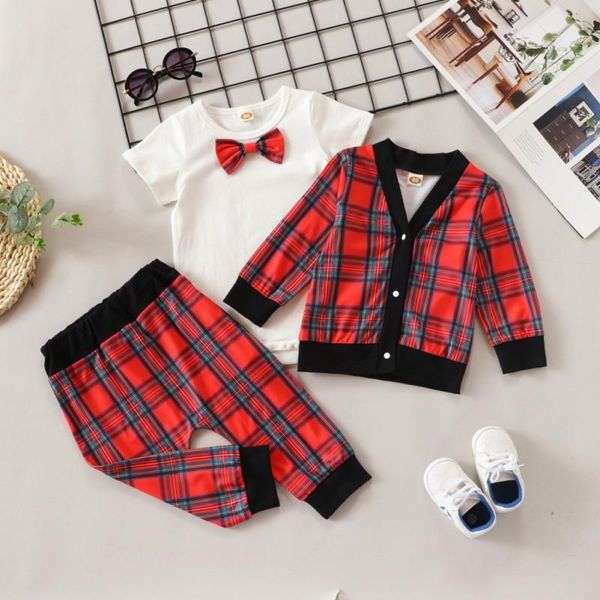 

clothing sets baywell christmas baby boy 3pcs clothes set cotton bodysuit+ long-sleeved plaid coat+ pants gentleman infant boys costume, White
