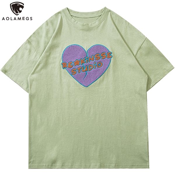

aolamegs men's tee shirts hit color tearing heart letter patch t-shirt men cozy oversized harajuku college style streetwear 210721, White;black