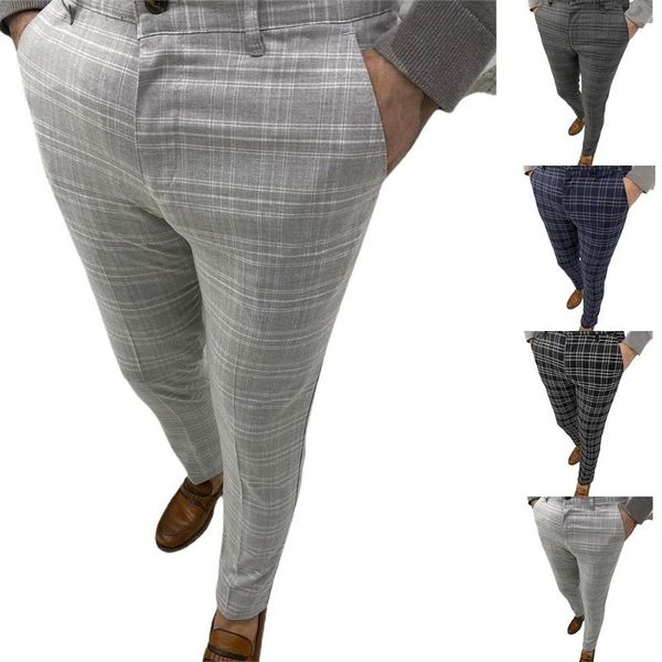 

men's pants fashion plaid multi-stripe slim fit casual tight trousers, Black
