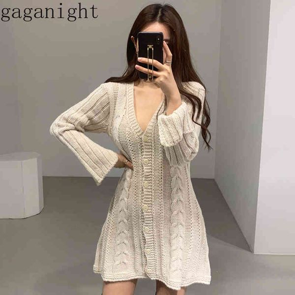 

gaganight korean vintage women mini short dress knitted long sleeve deep v collar solid dresses fashion vestidos single breasted 210519, Black;gray