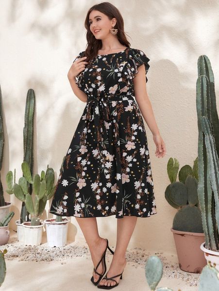 

plus floral print butterfly sleeve belted dress v107#, Black