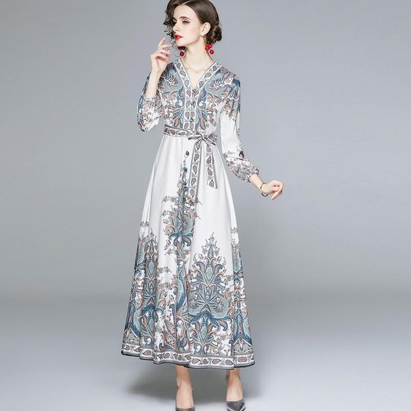 

casual dresses 2021 autumn party style v-neck bohemian vintage print single-breasted belt slim temperament mopping dress high quality, Black;gray