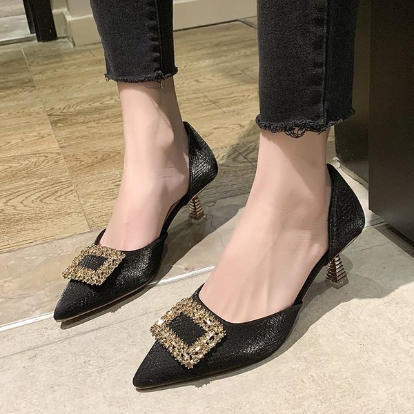 

luxury dress shoes high women's summer 2021 side air breathable pointed thin fairy feng shui diamond square buckle bag heel sandals, Black