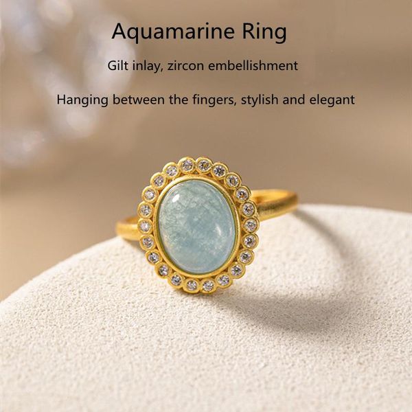 

cluster rings s925 sterling silver gold-plated inlaid natural aquamarine ladies open ring temperament fashion all-match jewelry, Golden;silver