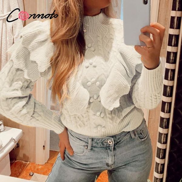 

conmoto casual turtleneck women sweater autumn winter long sleeve knitted ruffle geometrical ladies pullover jumper women's sweaters, White;black