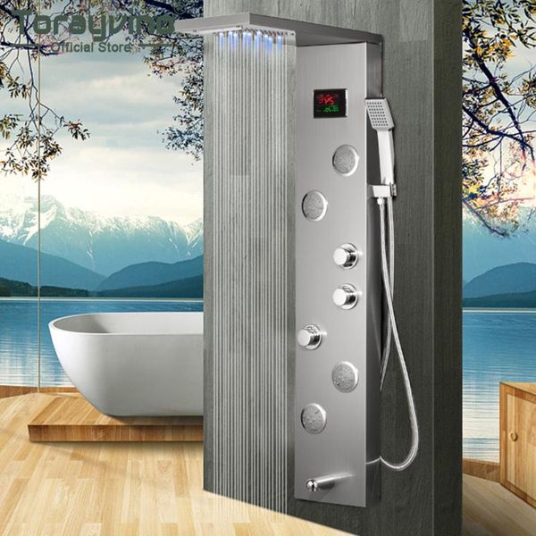 

torayvino bathroom shower faucet led panel column bathtub mixer tap with hand temperature message system screen sets