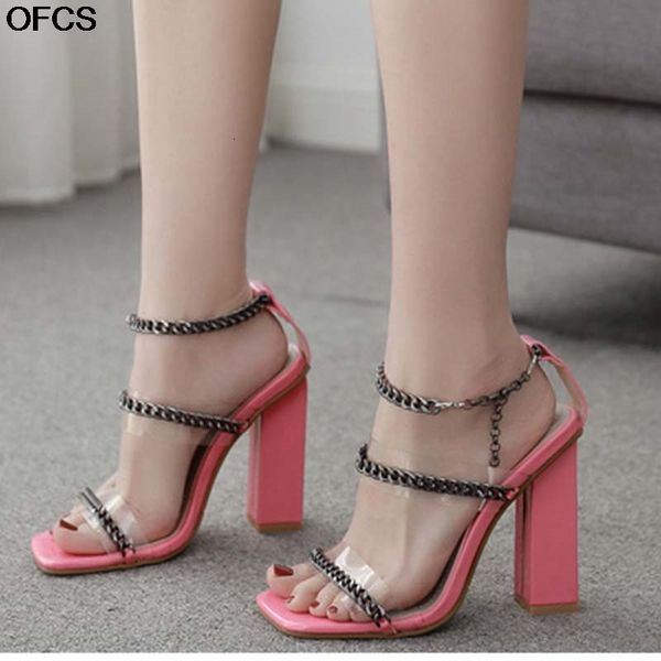 

sandals metal chain women ankle buckle elegant ladies party dress shoes pvc transparent open toe square heels 41 8a4k, Black