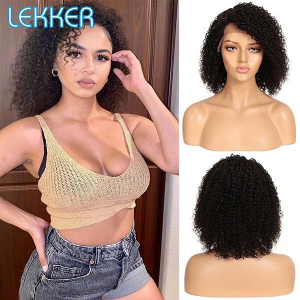 

lace wigs lekker afro kinky curly bob front part human hair wig for black women jerry curl pre plucked glueless remy brown, Black;brown