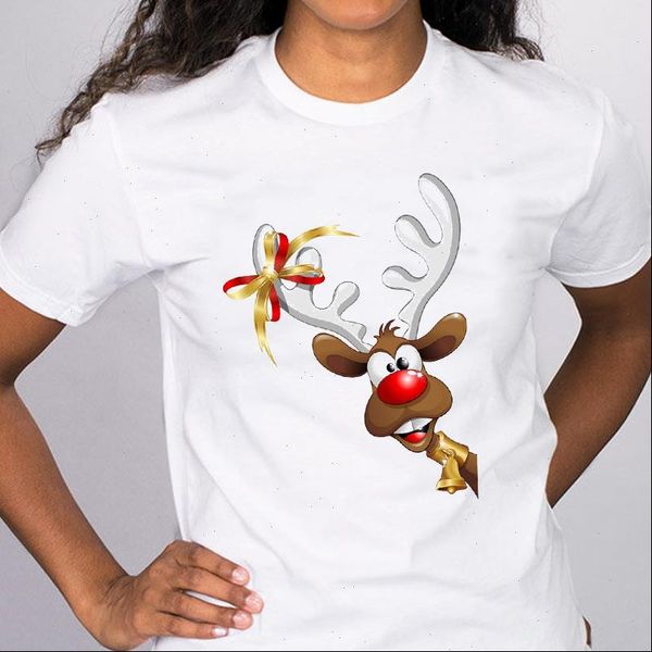 

women graphic t shirts cartoon deer funny fashion year merry christmas clothes print lady tees clothing female shirt, White