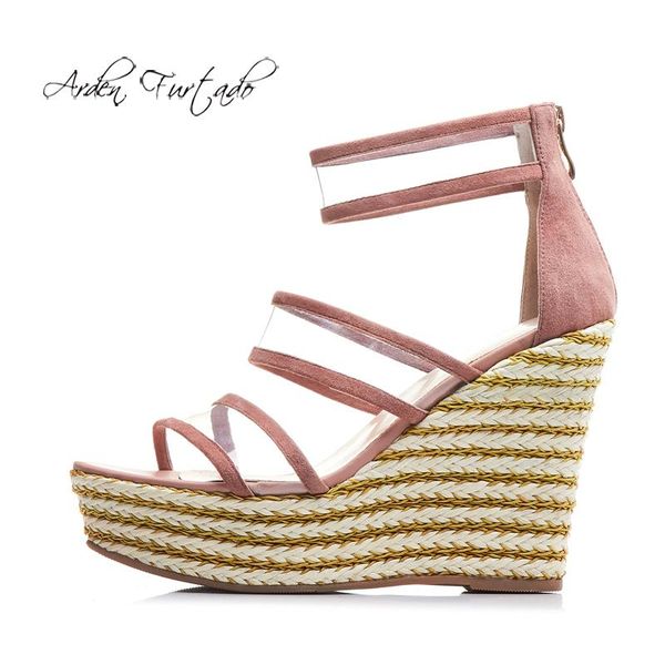 

arden furtado 2021 summer fashion women's shoes pink concise wedges platform elegant pvc sandals narrow band, Black