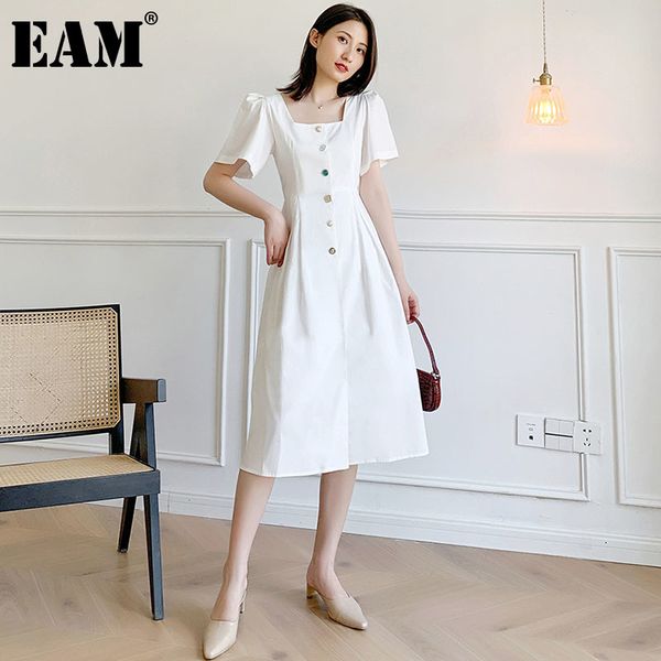 

[eam] women white single breasted dress square neck short puff sleeve loose fit fashion spring summer 1dd7324 21512, Black;gray