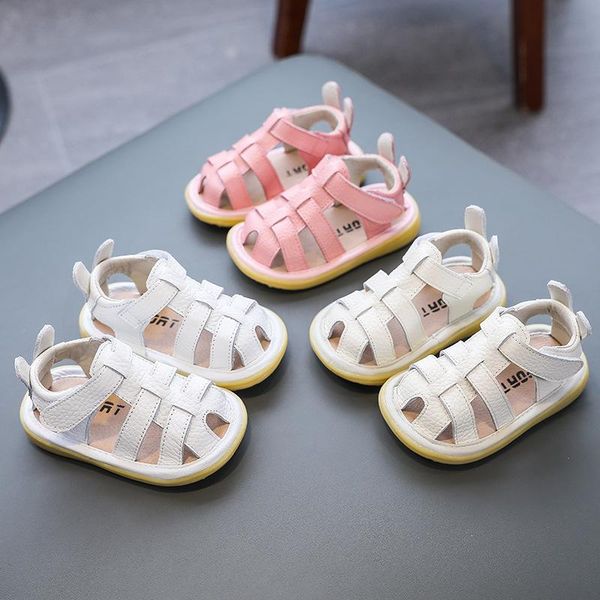 

sandals baby 2021 summer toddler shoes soft sole baotou anti-kick genuine leather non-slip, Black;red