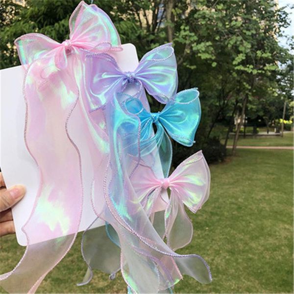 

girls super fairy hair accessories big bow braided hairstyle hairpin little colorful long streamer fishtail riband spring, Slivery;white