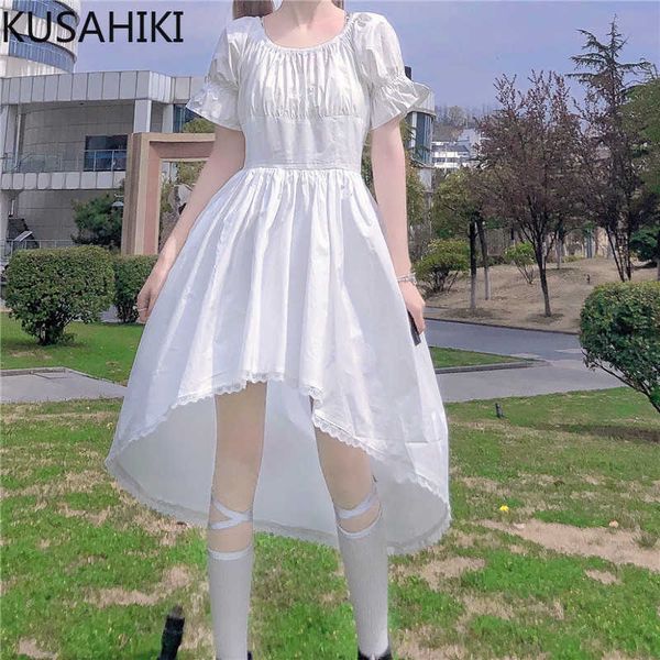 

lace patchwork irregular dresses women high waist a-line sweet vestidos causal puff sleeve o-neck dress 6g783 210603, Black;gray