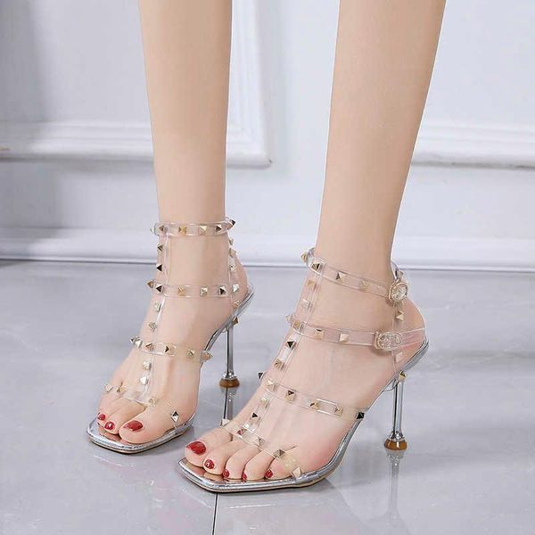 

sandals women summer fashion heels open toe roman shoes rivet transparent high ladies party dress, Black