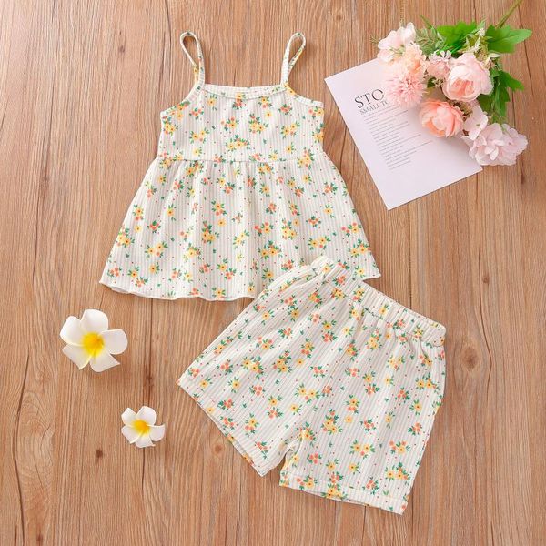 

clothing sets kids clothes girls summer set toddler baby sleeveless floral print camisole +floral shorts outfit vetement fille, White