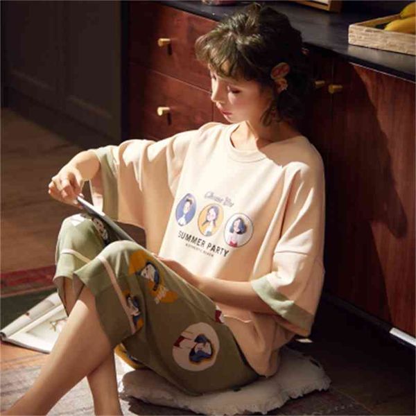 

arrivals women home wear summer short sleeve women pajamas set pant pyjamas sets full cotton leisure sleepwear 210924, Black;red