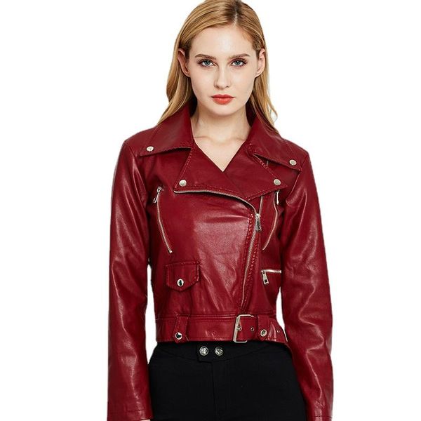 

women's leather & faux jacket ladies autumn and winter fashion short motorcycle handsome lapel slim belt red women, Black