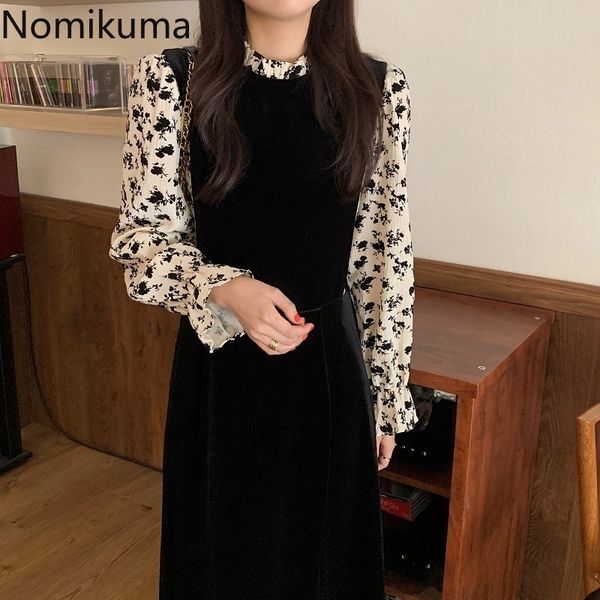 

nomikuma floral printed dresses patchwork stand collar long sleeve vintage dress women korean chic elegant vestidos mujer 3d711 210514, Black;gray