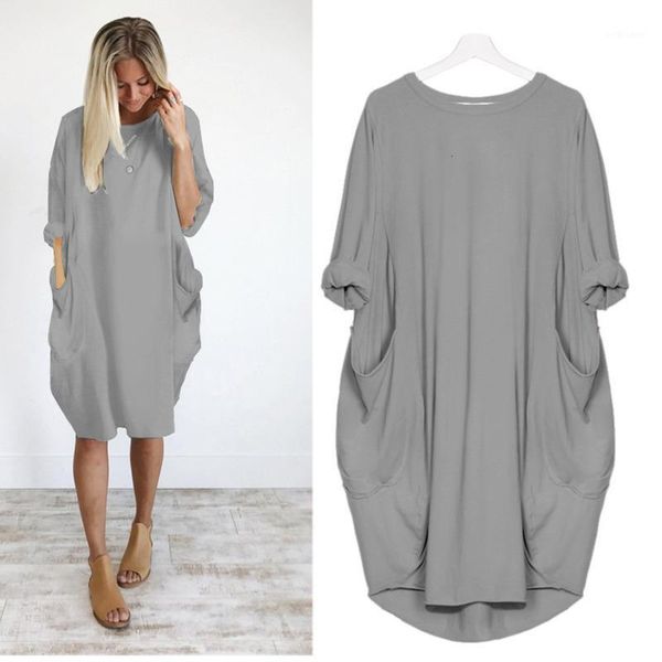 

women loose dress with pocket ladies fashion o neck long t shirt streetwear style vestidos casual dresses, Black;gray