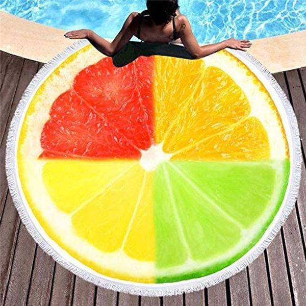 

towel huge circular multi-citrus beach blanket or tablecloth with tropical look and white stripes (citrus orange/yellow)