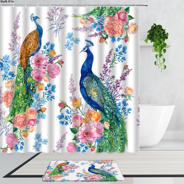 

shower curtains flowers peacocks elegant bird feather peony home decor bathroom accessories non-slip carpet mats bath curtain